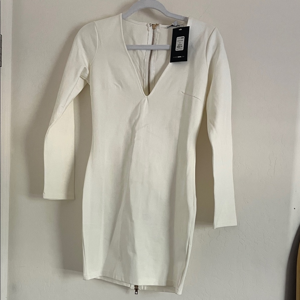 Fashion Nova Cream Long Sleeve Dress